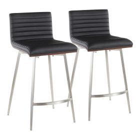 Mason Contemporary Swivel Counter Stool in Stainless Steel, Walnut Wood, and Black Faux Leather by LumiSource - Set of 2